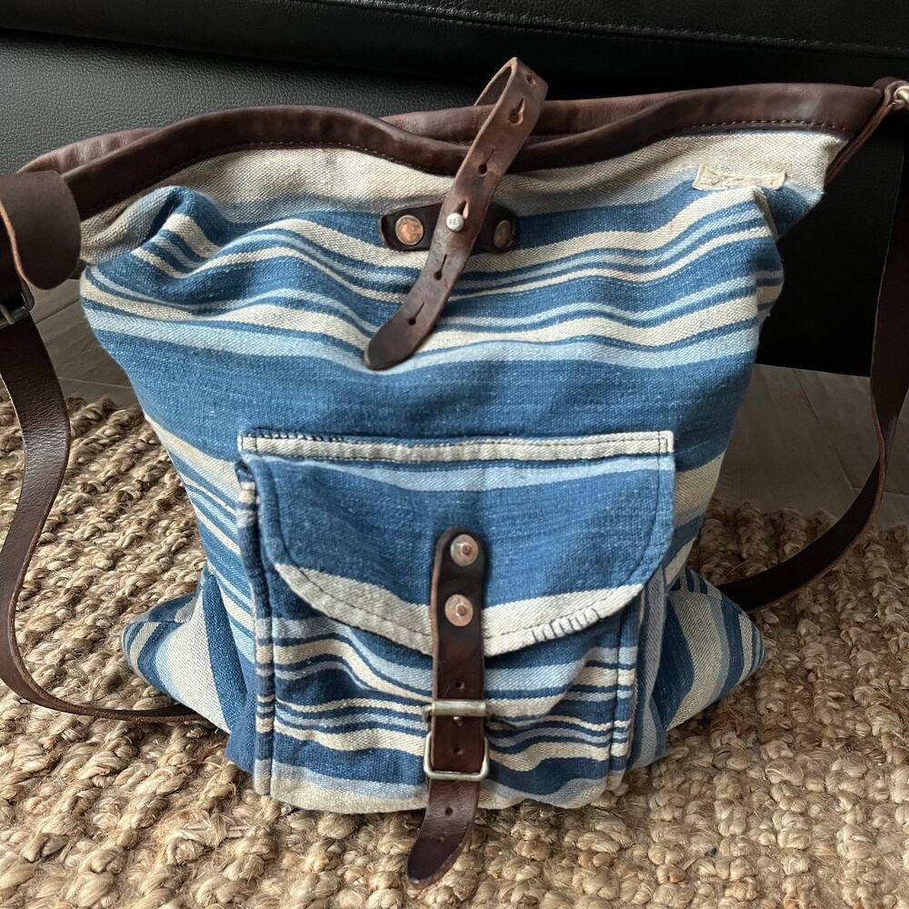 Vintage Polo Ralph Lauren Naval Tailors Indigo Stripe Leather Crossbody Bag